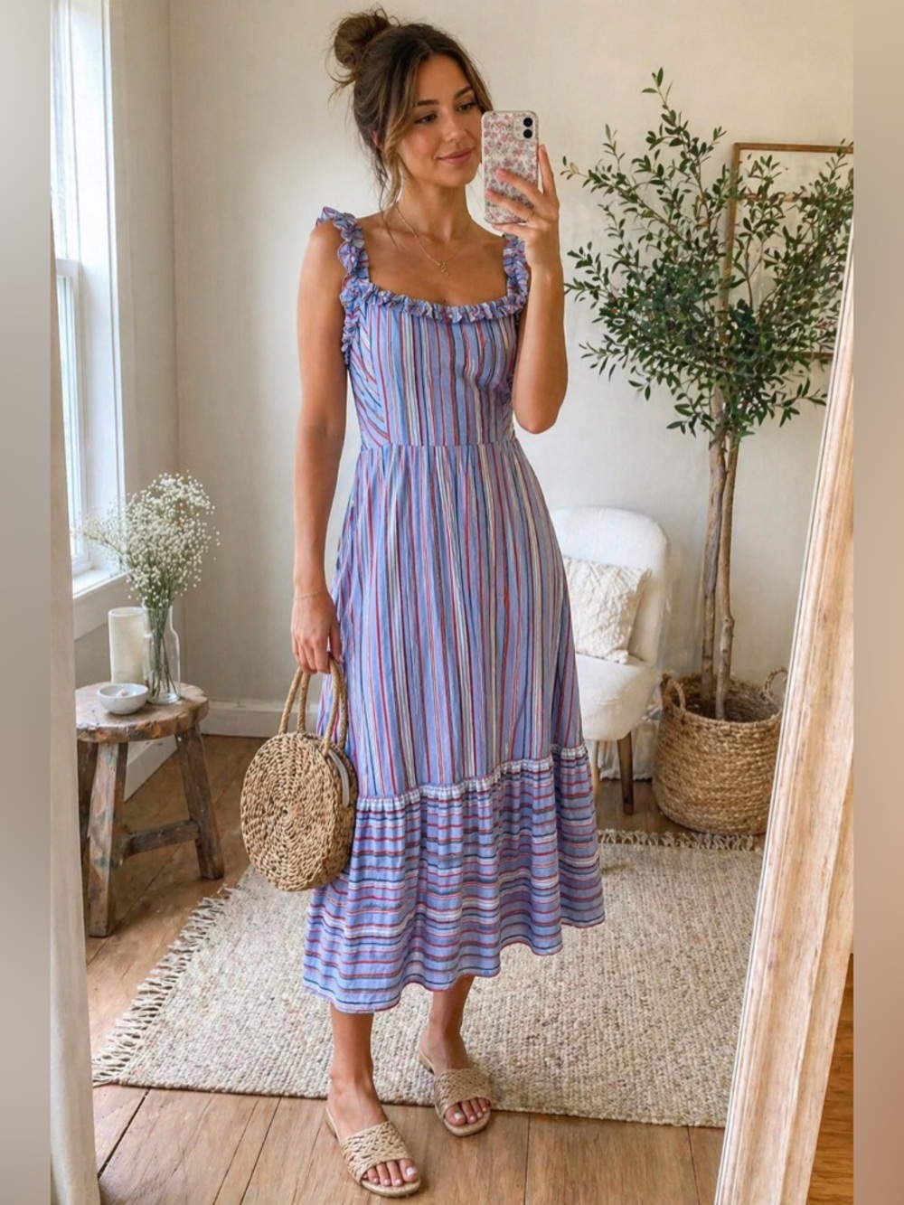 Daisy May Blue Striped Ruffle Strap Midi Dress Size S Cottagecore Summer Dress